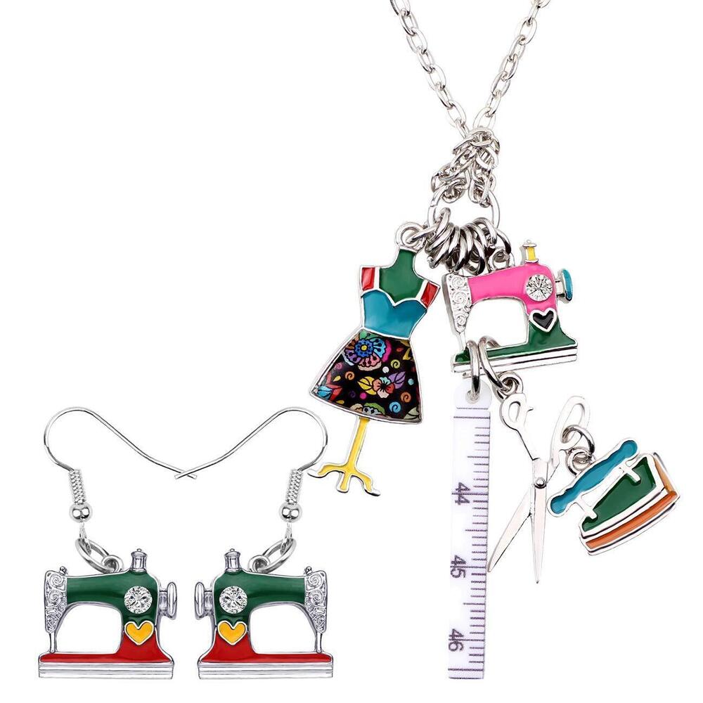 6772 Vintage Sewing Machine Earring Necklace Enamel Alloy Rhinestone Ruler